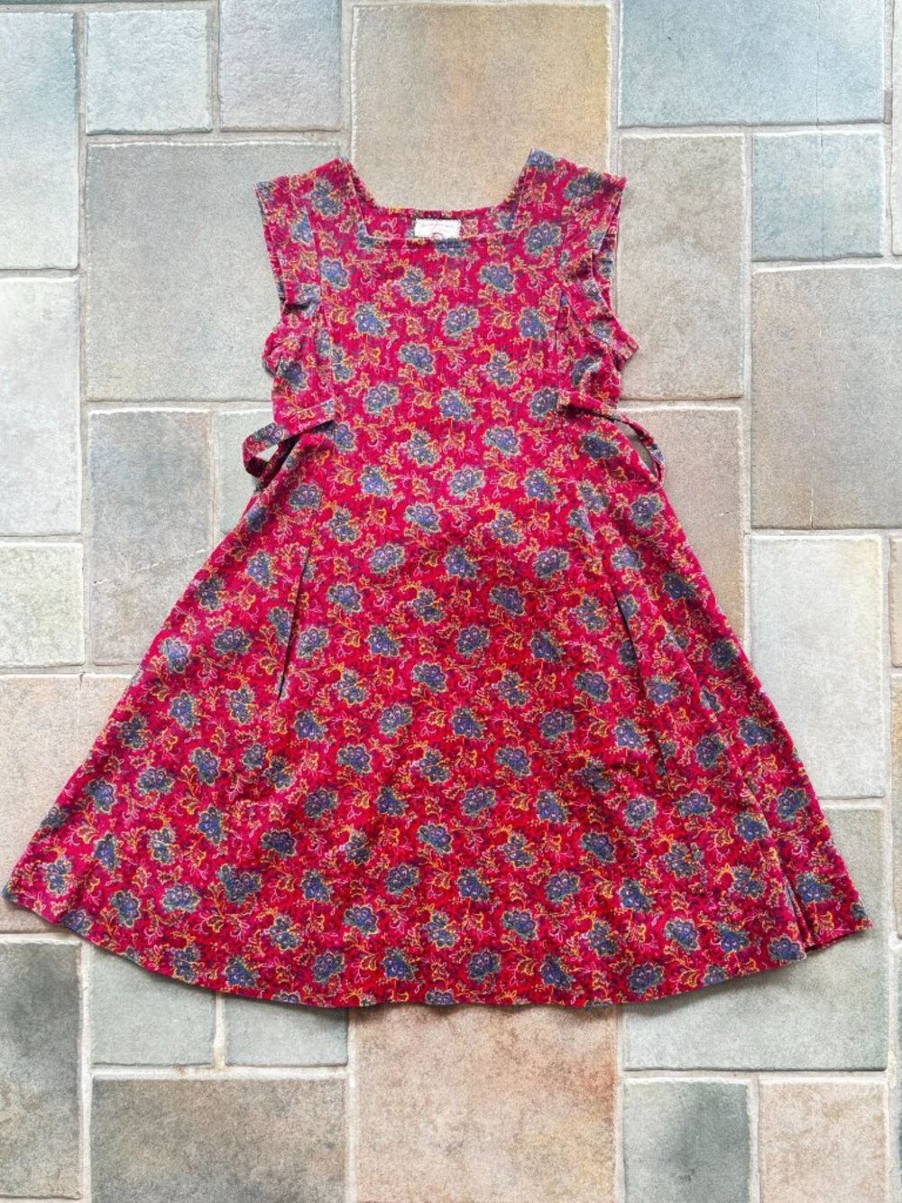 Vintage Handmade Red Floral Corduroy Dress With Ruffle Sleeves & Tie Waist - Swe - Picture 9 of 9